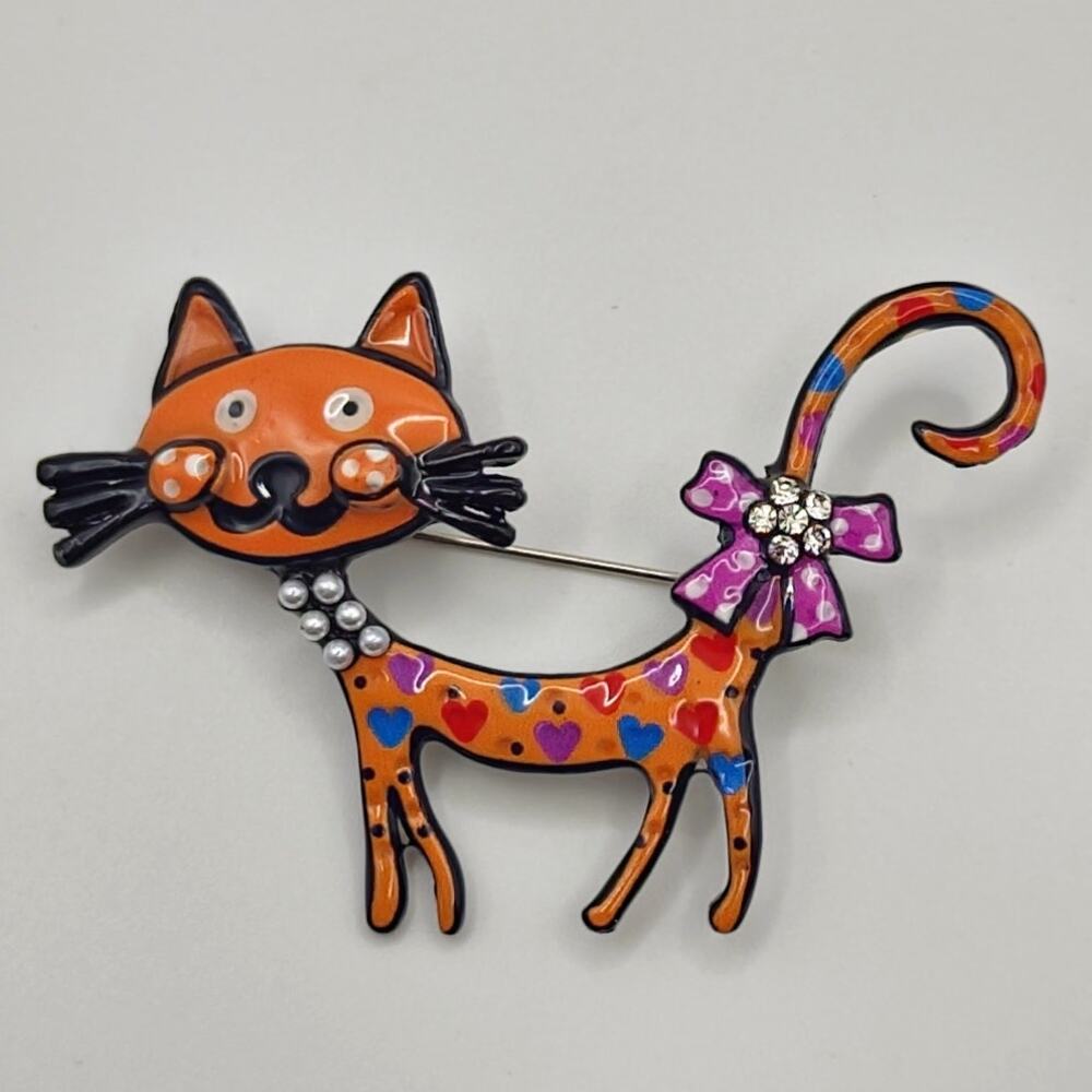 Cartoon Cat Brooch Enamel & Rhinestone Orange & Multi-color Purple Bow